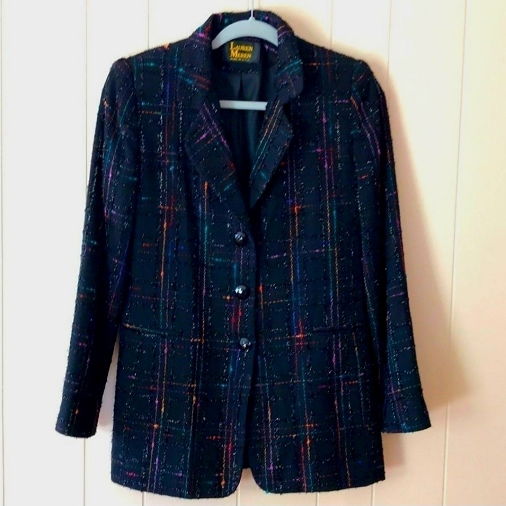Vintage Lauren Meren Black Multicolored Tweed Blazer Single Breasted Career EUC